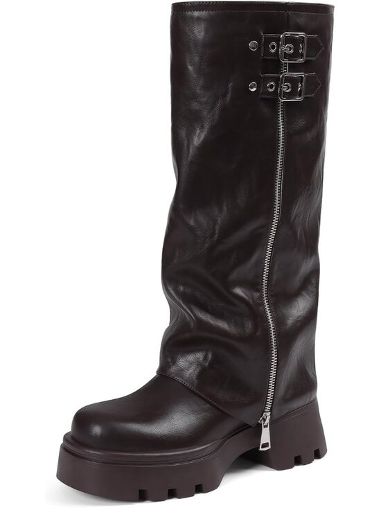 Shoes - Women's Brown Knee High Boots Foldover Wide Calf Pull on Cute Chunky Platform